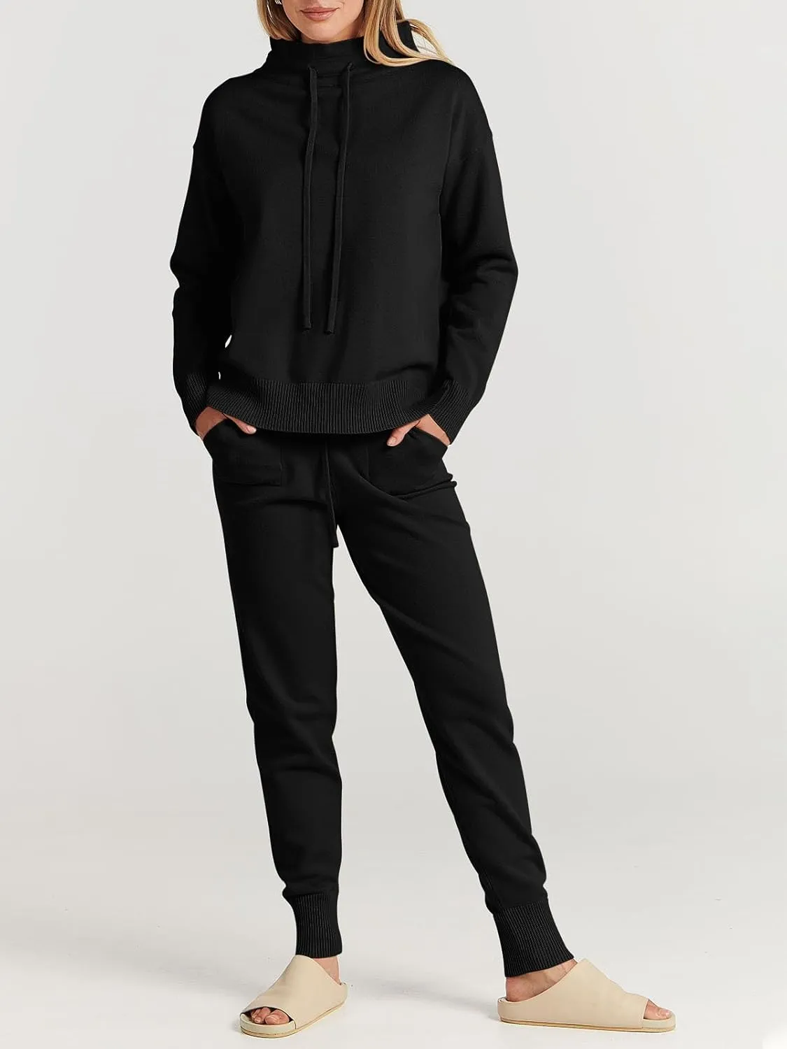 ANRABESS Women Two Piece Outfits Turtleneck Pullover Top Cozy Knit Sweater Pants Lounge Set 2024 Fall Sweatsuit Sweatsuits