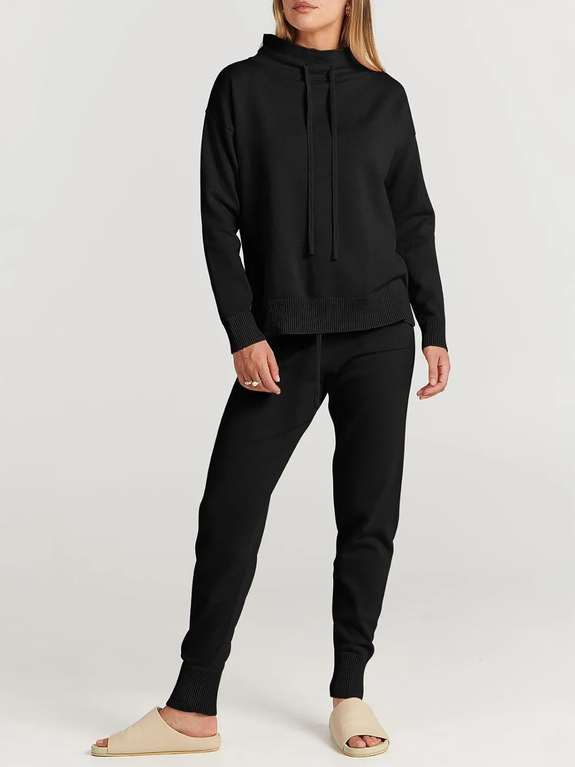 ANRABESS Women Two Piece Outfits Turtleneck Pullover Top Cozy Knit Sweater Pants Lounge Set 2024 Fall Sweatsuit Sweatsuits