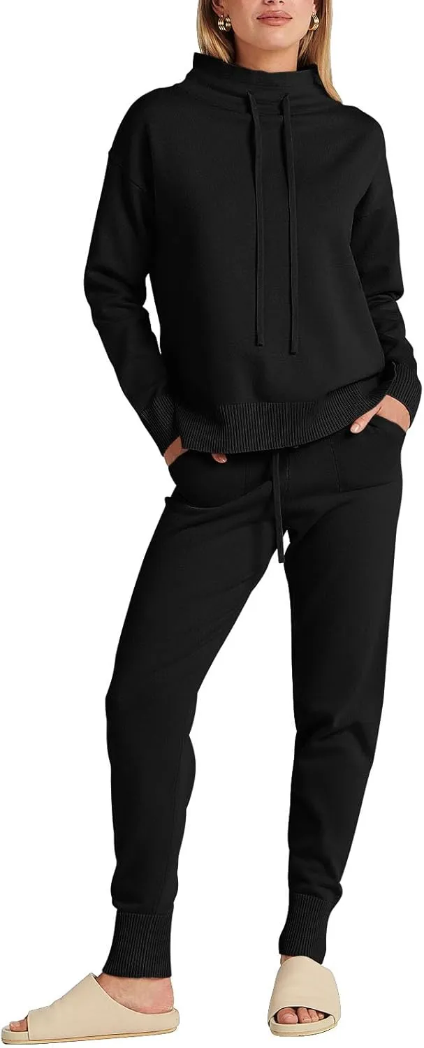 ANRABESS Women Two Piece Outfits Turtleneck Pullover Top Cozy Knit Sweater Pants Lounge Set 2024 Fall Sweatsuit Sweatsuits