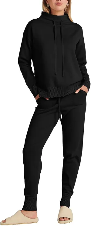 ANRABESS Women Two Piece Outfits Turtleneck Pullover Top Cozy Knit Sweater Pants Lounge Set 2024 Fall Sweatsuit Sweatsuits
