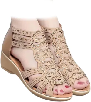 Anti-Skid Soft Rhinestone Wedge Heel Sandals,Rhinestone Zipper Strappy Anti-Slip Summer Dressy Sandals