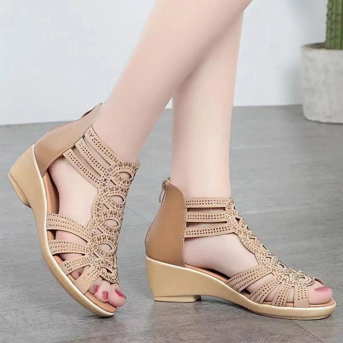 Anti-Skid Soft Rhinestone Wedge Heel Sandals,Rhinestone Zipper Strappy Anti-Slip Summer Dressy Sandals