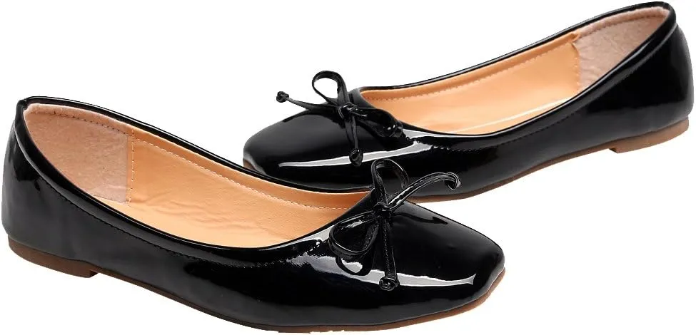 ANUFER Women Lovely Bow Tie Ballerinas Comfy Square Toe Ballet Flats Slippers Pumps Dolly Shoes
