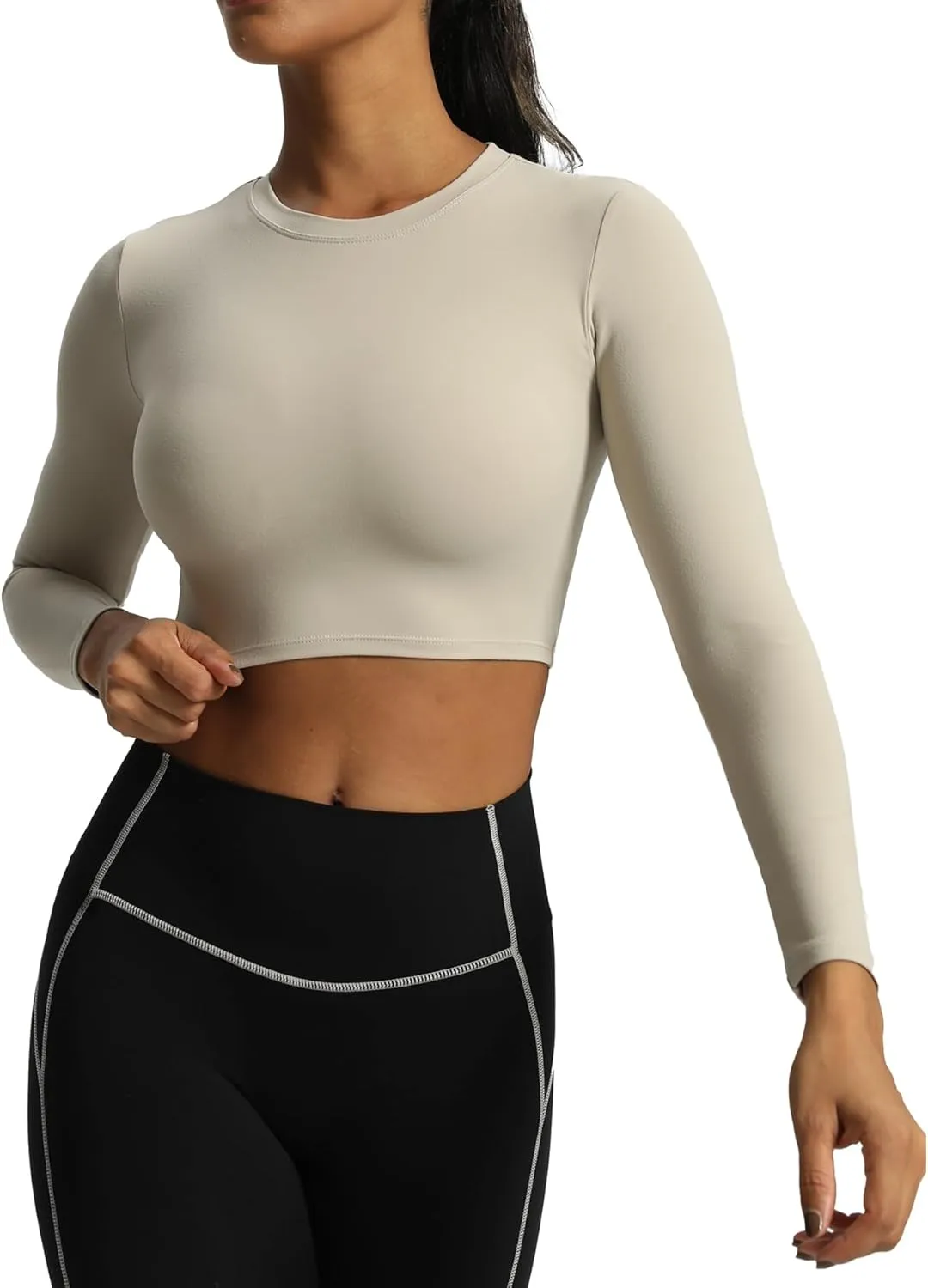 Aoxjox Long Sleeve Crop Tops for Women Classic Longline Workout Cropped T Shirt Top Length