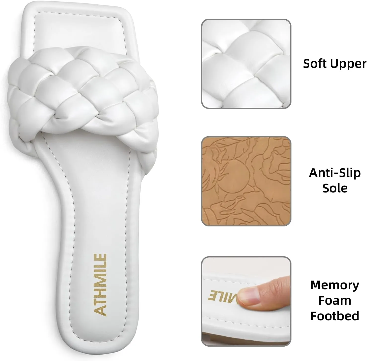 ATHMILE Braided Womens Sandals Square Open Toe Fashion Slide Sandals Women Dressy Summer Flat Beach 2025 Size 6-11