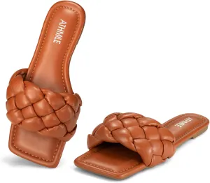 ATHMILE Braided Womens Sandals Square Open Toe Fashion Slide Sandals Women Dressy Summer Flat Beach 2025 Size 6-11