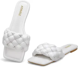 ATHMILE Braided Womens Sandals Square Open Toe Fashion Slide Sandals Women Dressy Summer Flat Beach 2025 Size 6-11