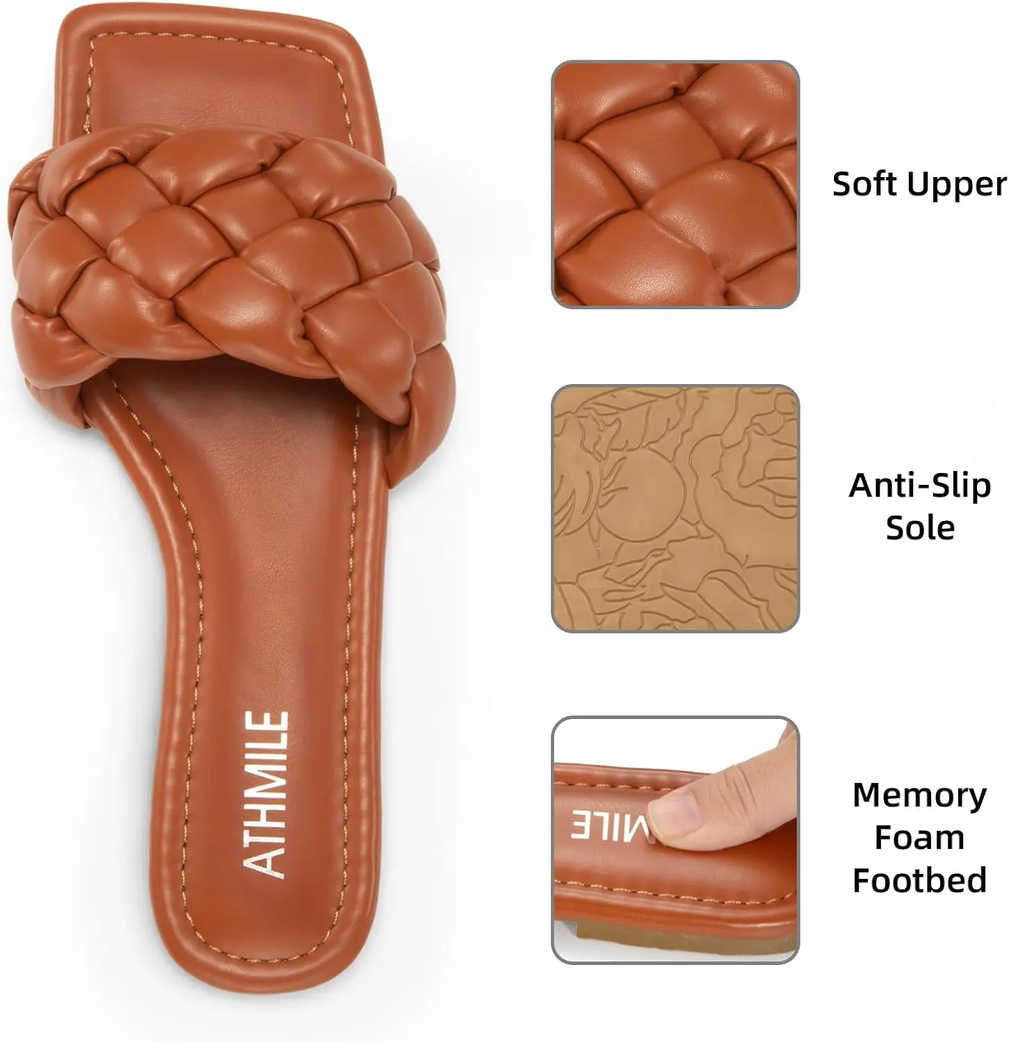 ATHMILE Braided Womens Sandals Square Open Toe Fashion Slide Sandals Women Dressy Summer Flat Beach 2025 Size 6-11