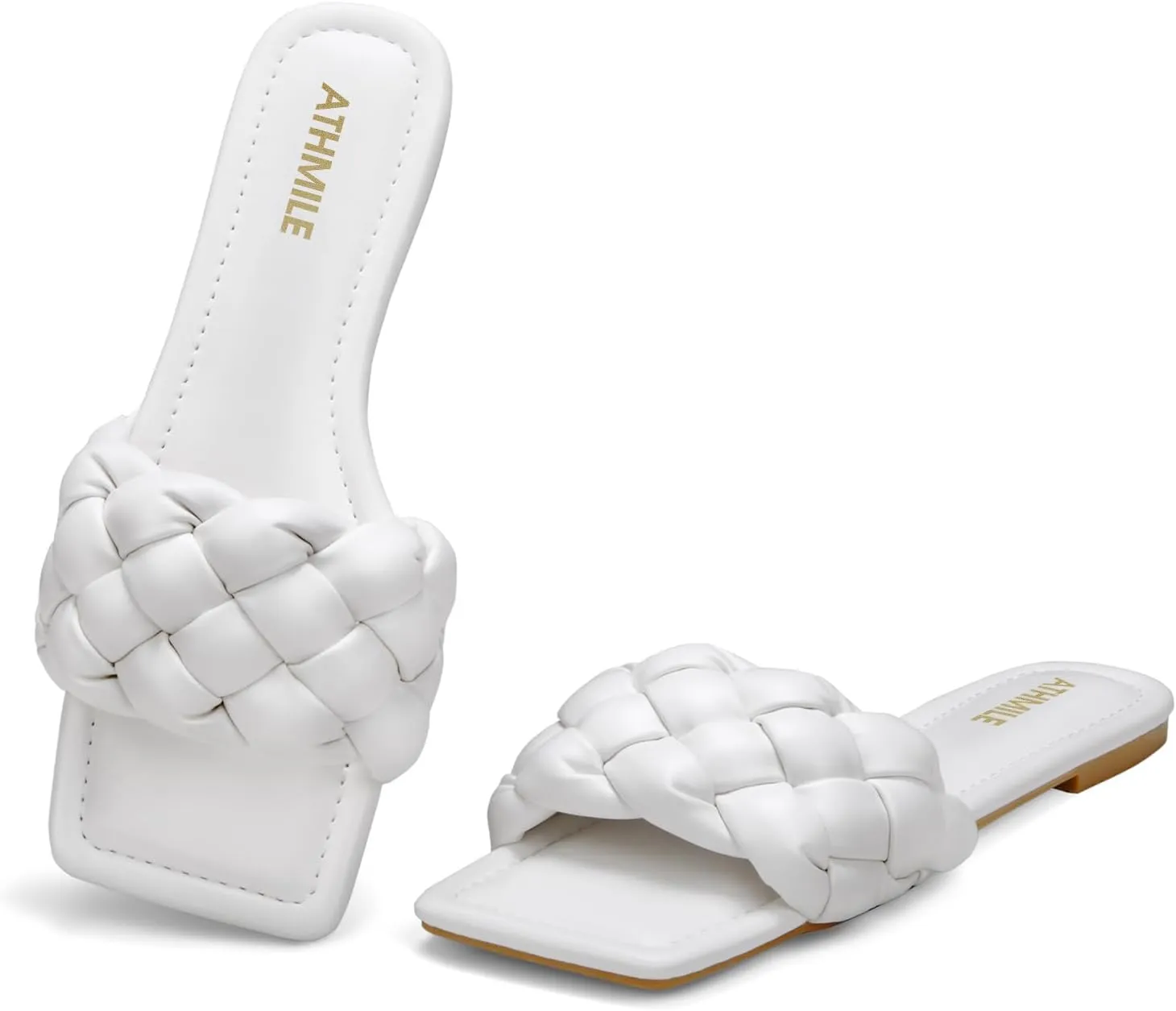 ATHMILE Braided Womens Sandals Square Open Toe Fashion Slide Sandals Women Dressy Summer Flat Beach 2025 Size 6-11