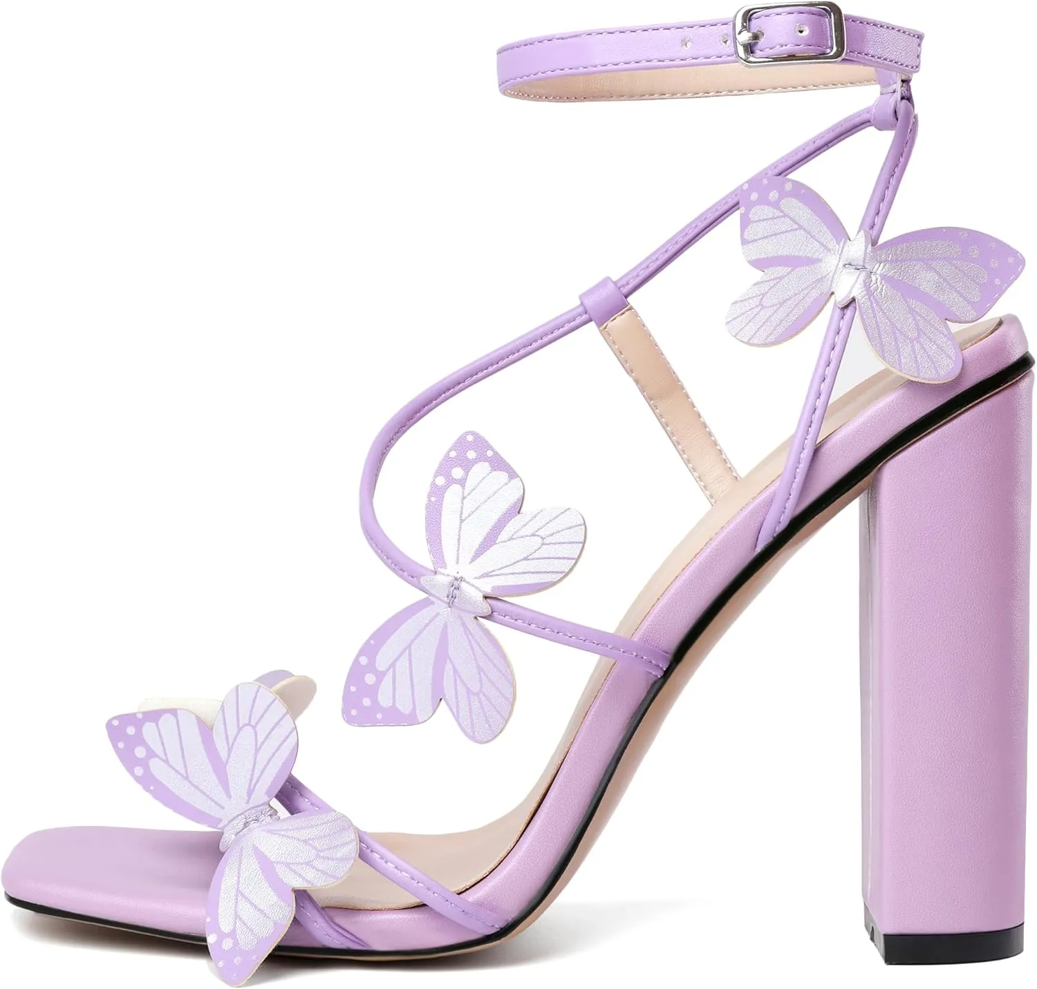 AUMOTED Womens Sandals Chunky Block High Heels Butterfly Wings Heeled Sandals Strappy Open Square Toe Summer Dress Shoes 4 Inch