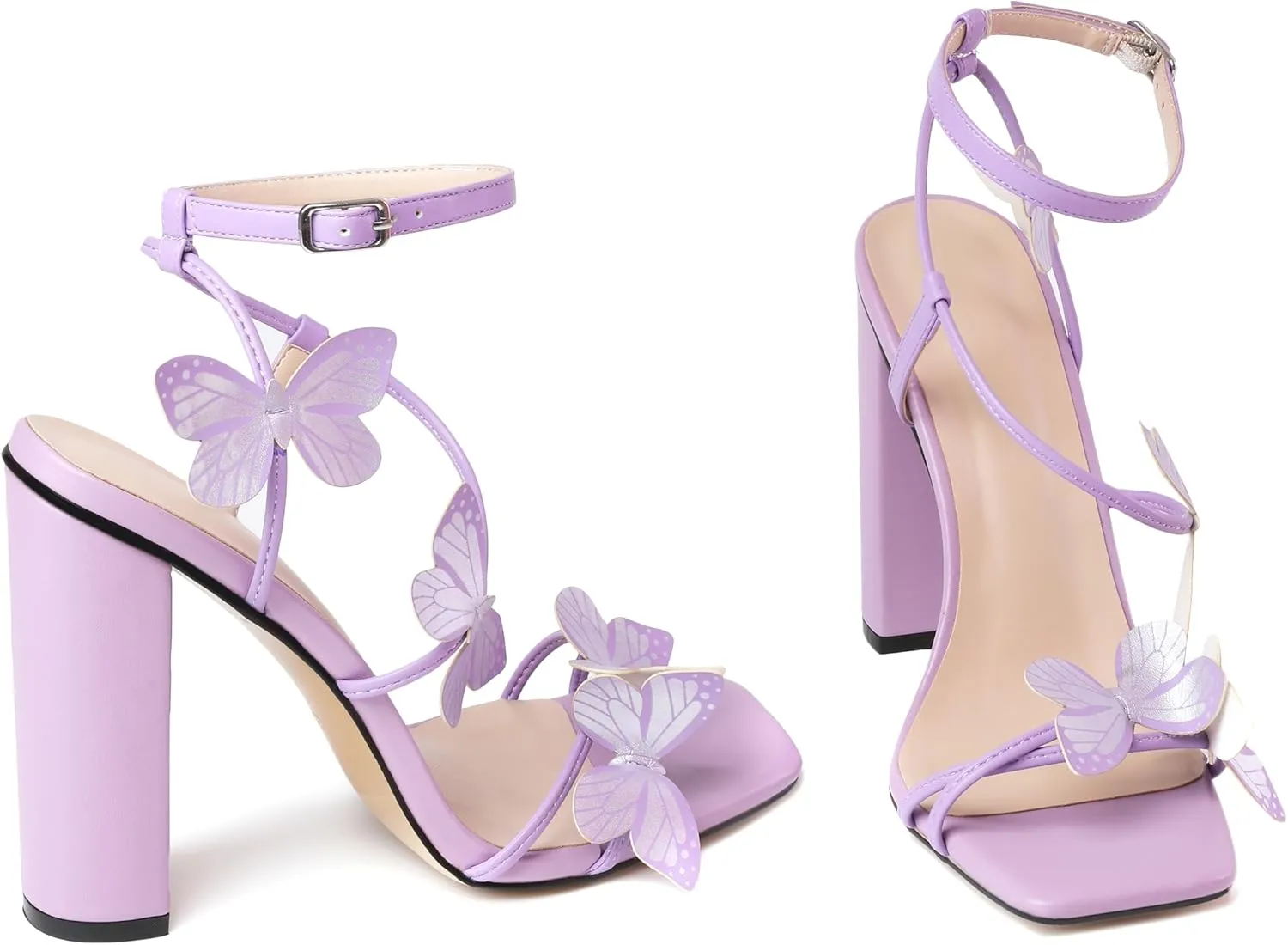 AUMOTED Womens Sandals Chunky Block High Heels Butterfly Wings Heeled Sandals Strappy Open Square Toe Summer Dress Shoes 4 Inch