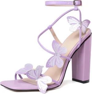 AUMOTED Womens Sandals Chunky Block High Heels Butterfly Wings Heeled Sandals Strappy Open Square Toe Summer Dress Shoes 4 Inch