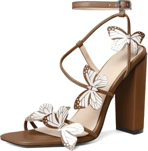 AUMOTED Womens Sandals Chunky Block High Heels Butterfly Wings Heeled Sandals Strappy Open Square Toe Summer Dress Shoes 4 Inch