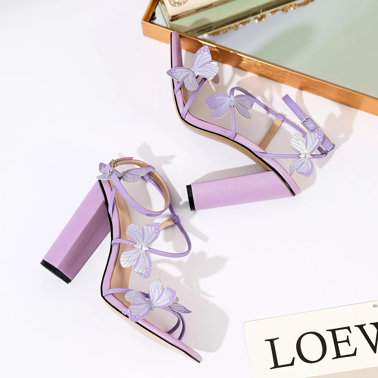 AUMOTED Womens Sandals Chunky Block High Heels Butterfly Wings Heeled Sandals Strappy Open Square Toe Summer Dress Shoes 4 Inch
