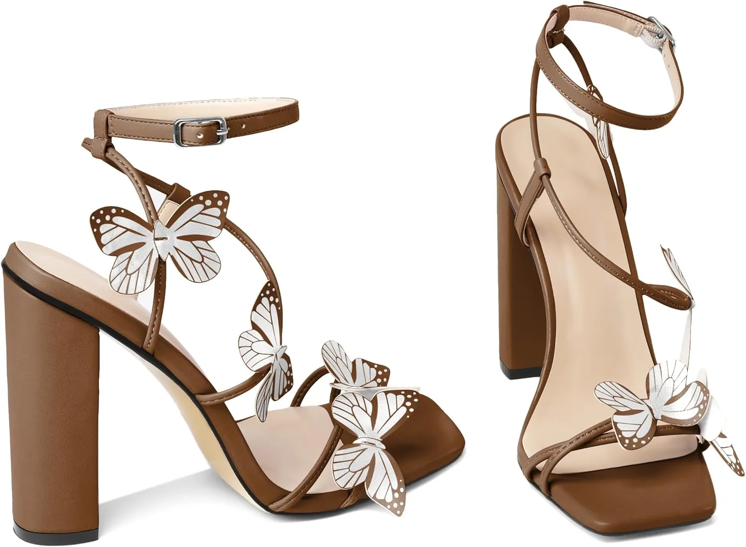 AUMOTED Womens Sandals Chunky Block High Heels Butterfly Wings Heeled Sandals Strappy Open Square Toe Summer Dress Shoes 4 Inch