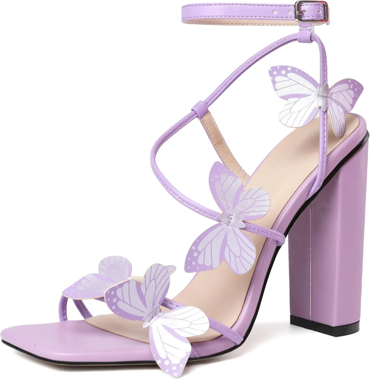 AUMOTED Womens Sandals Chunky Block High Heels Butterfly Wings Heeled Sandals Strappy Open Square Toe Summer Dress Shoes 4 Inch
