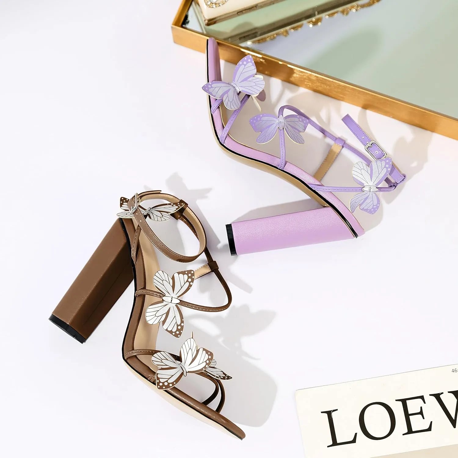 AUMOTED Womens Sandals Chunky Block High Heels Butterfly Wings Heeled Sandals Strappy Open Square Toe Summer Dress Shoes 4 Inch