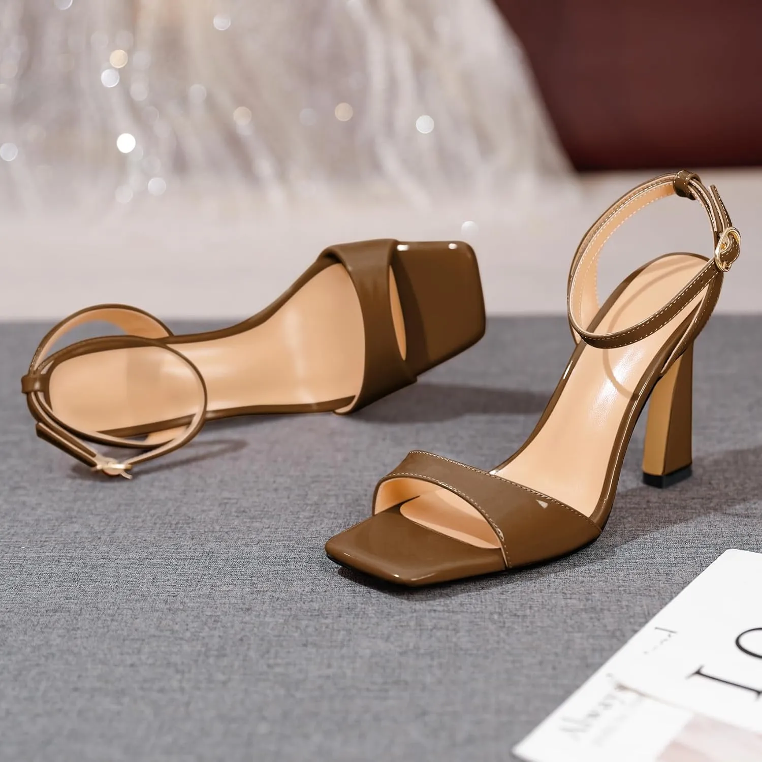 AUMOTED Womens Strappy Sandals Stilettos High Heel Square Open Toe Sandals Ankle Strap Patent Summer Flared Heeled Sandals 4 Inch