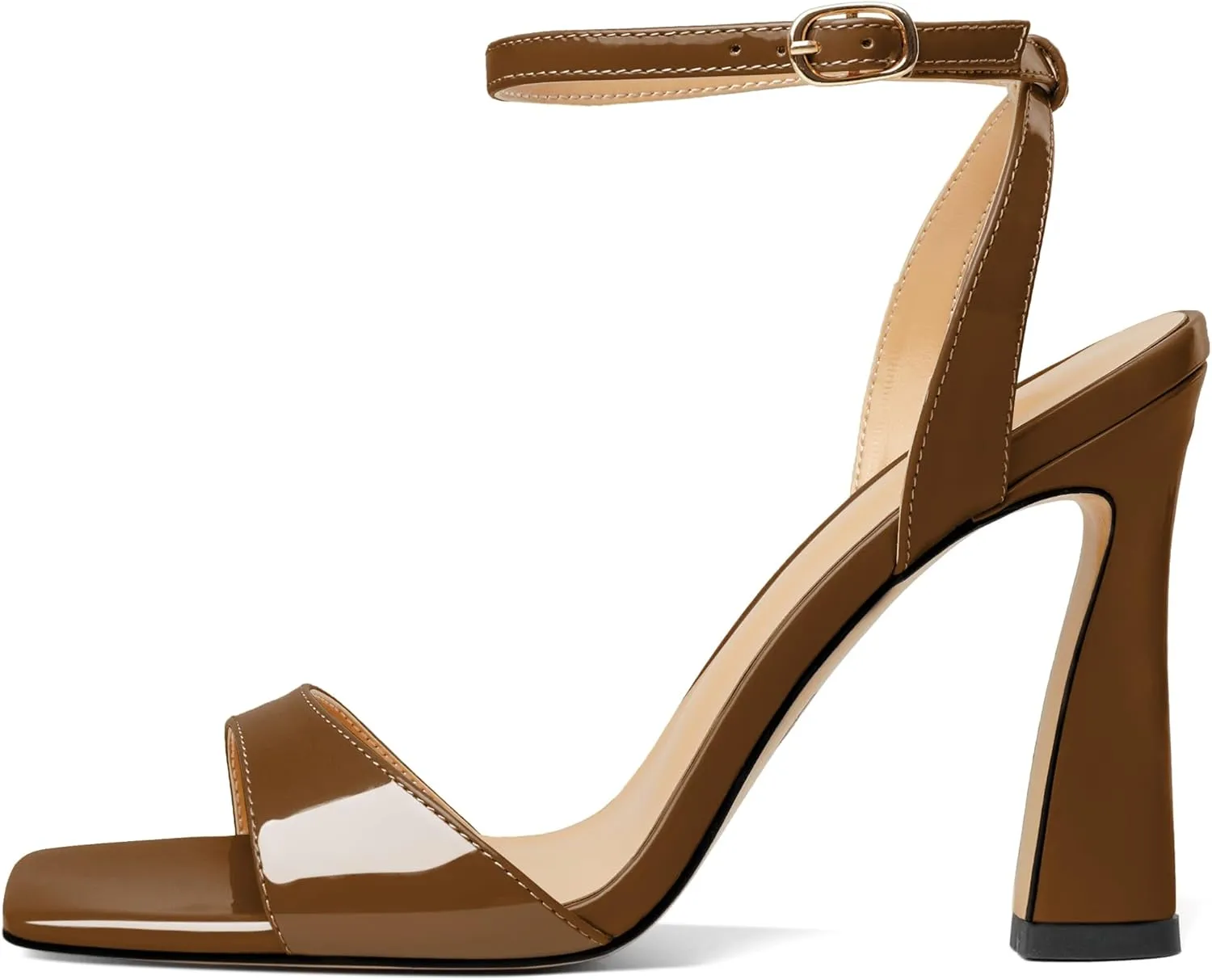 AUMOTED Womens Strappy Sandals Stilettos High Heel Square Open Toe Sandals Ankle Strap Patent Summer Flared Heeled Sandals 4 Inch