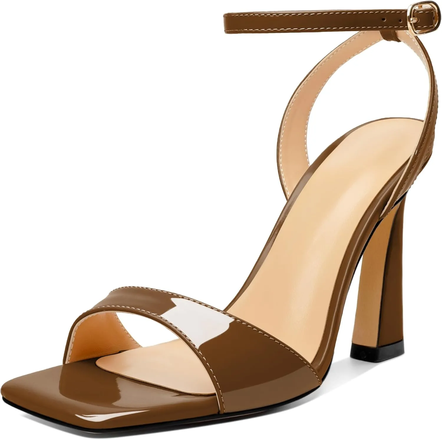 AUMOTED Womens Strappy Sandals Stilettos High Heel Square Open Toe Sandals Ankle Strap Patent Summer Flared Heeled Sandals 4 Inch