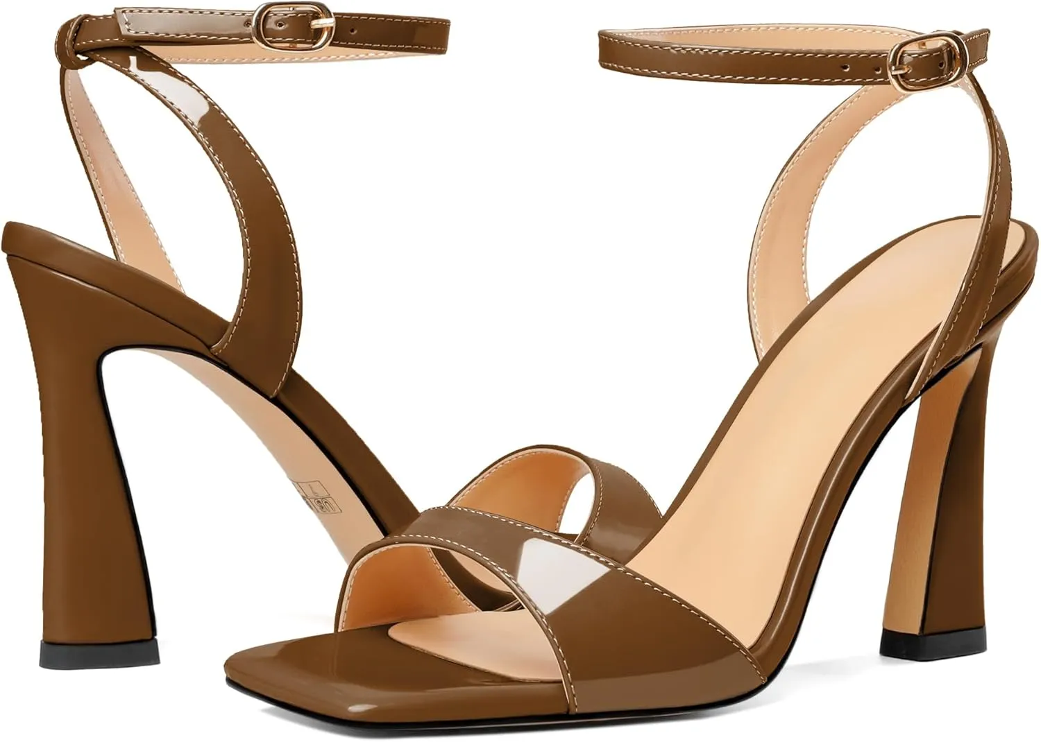 AUMOTED Womens Strappy Sandals Stilettos High Heel Square Open Toe Sandals Ankle Strap Patent Summer Flared Heeled Sandals 4 Inch