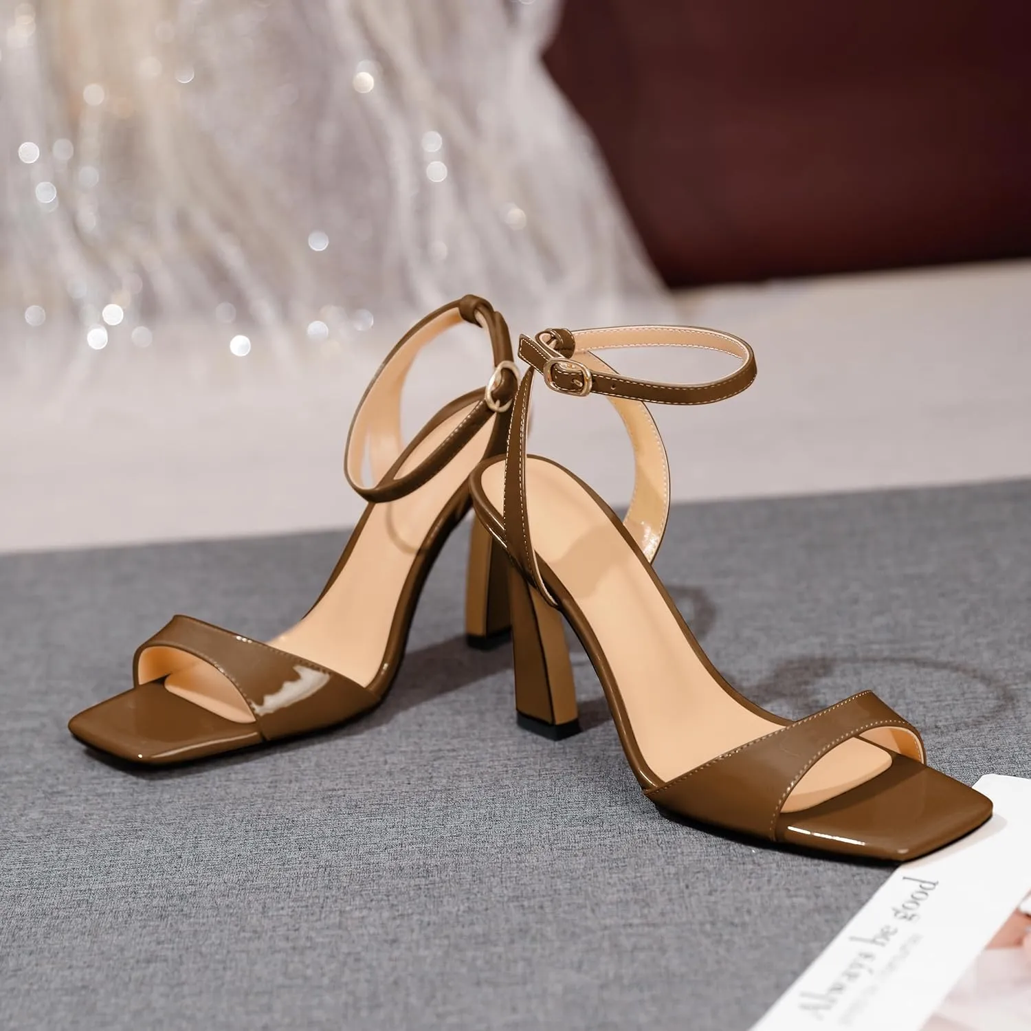 AUMOTED Womens Strappy Sandals Stilettos High Heel Square Open Toe Sandals Ankle Strap Patent Summer Flared Heeled Sandals 4 Inch
