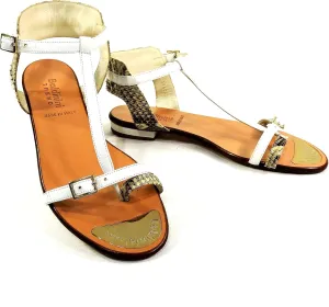 Baldinini Women's Special Leather Sandals, White T-Strap, Flat Summer Comfort Shoes