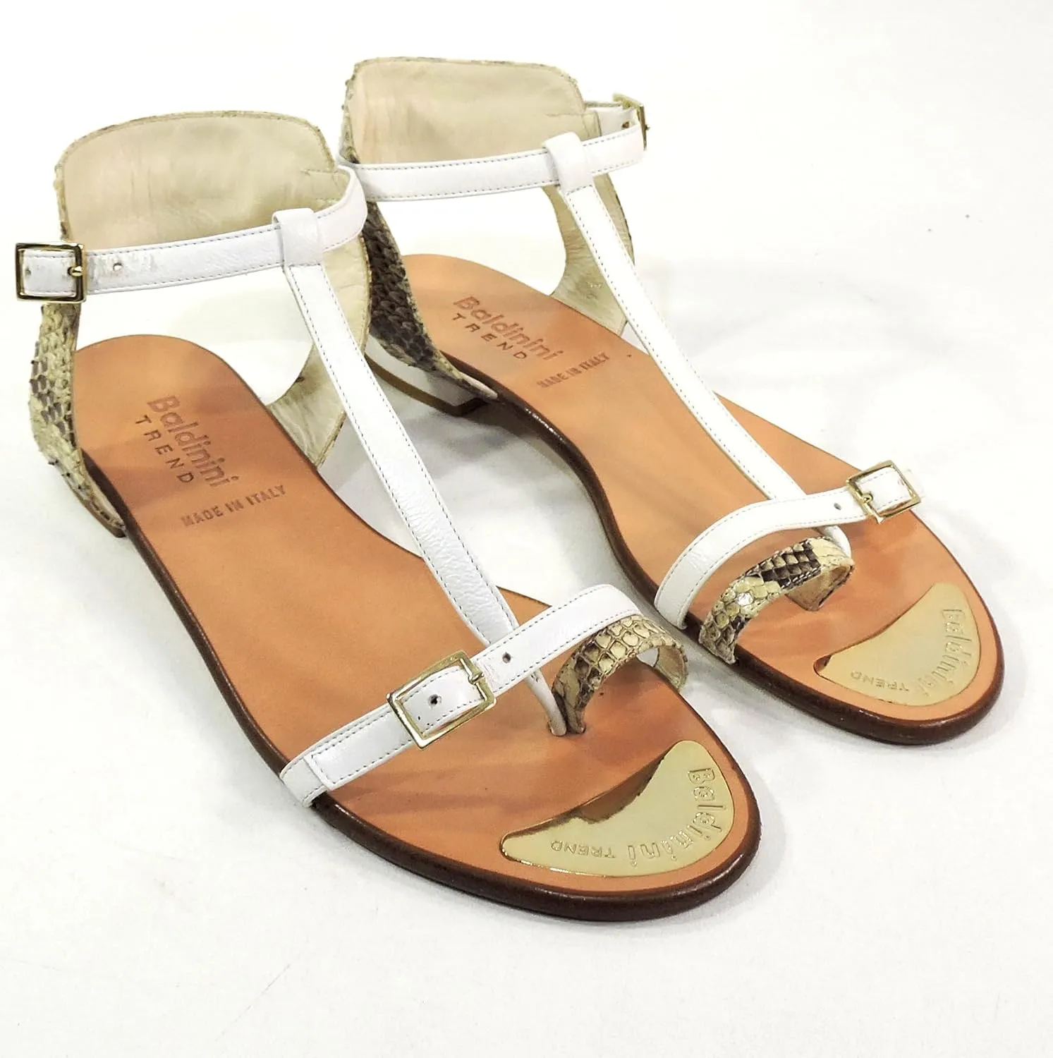 Baldinini Women's Special Leather Sandals, White T-Strap, Flat Summer Comfort Shoes