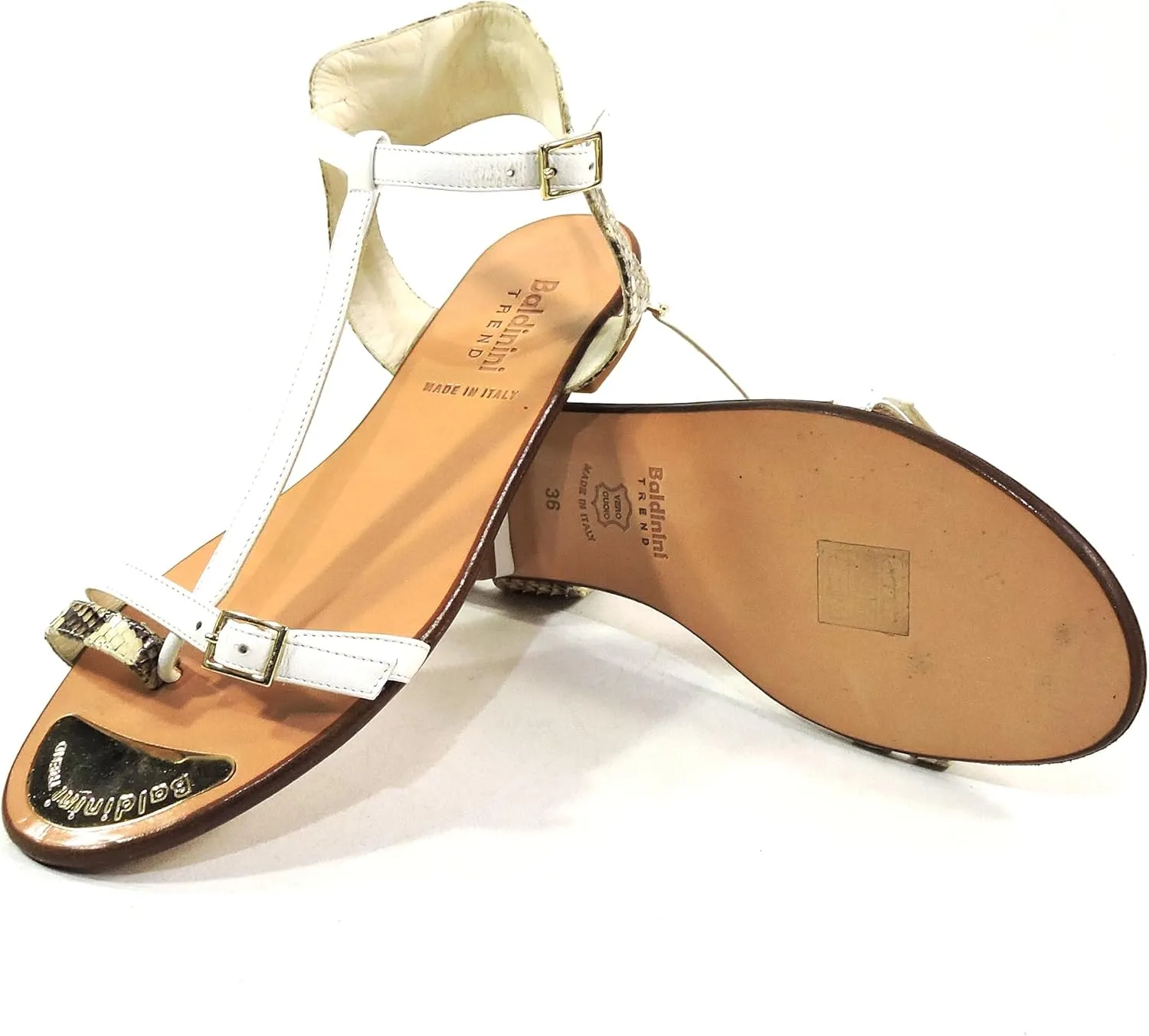 Baldinini Women's Special Leather Sandals, White T-Strap, Flat Summer Comfort Shoes