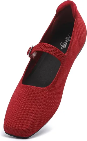 Ballet Flats for Women, Square Toe Mary Jane Shoes Comfortable Dressy Flats Adjustable Straps Washable Knit Casual Office Shoes with Arch Support Latex Insole