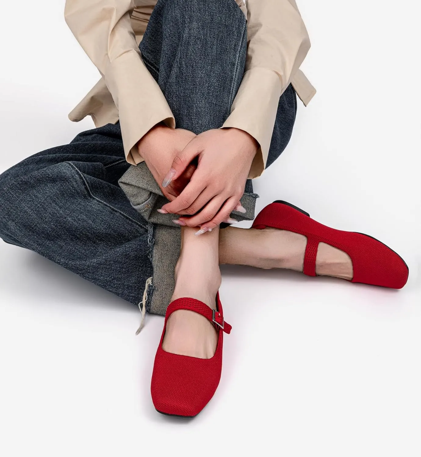 Ballet Flats for Women, Square Toe Mary Jane Shoes Comfortable Dressy Flats Adjustable Straps Washable Knit Casual Office Shoes with Arch Support Latex Insole