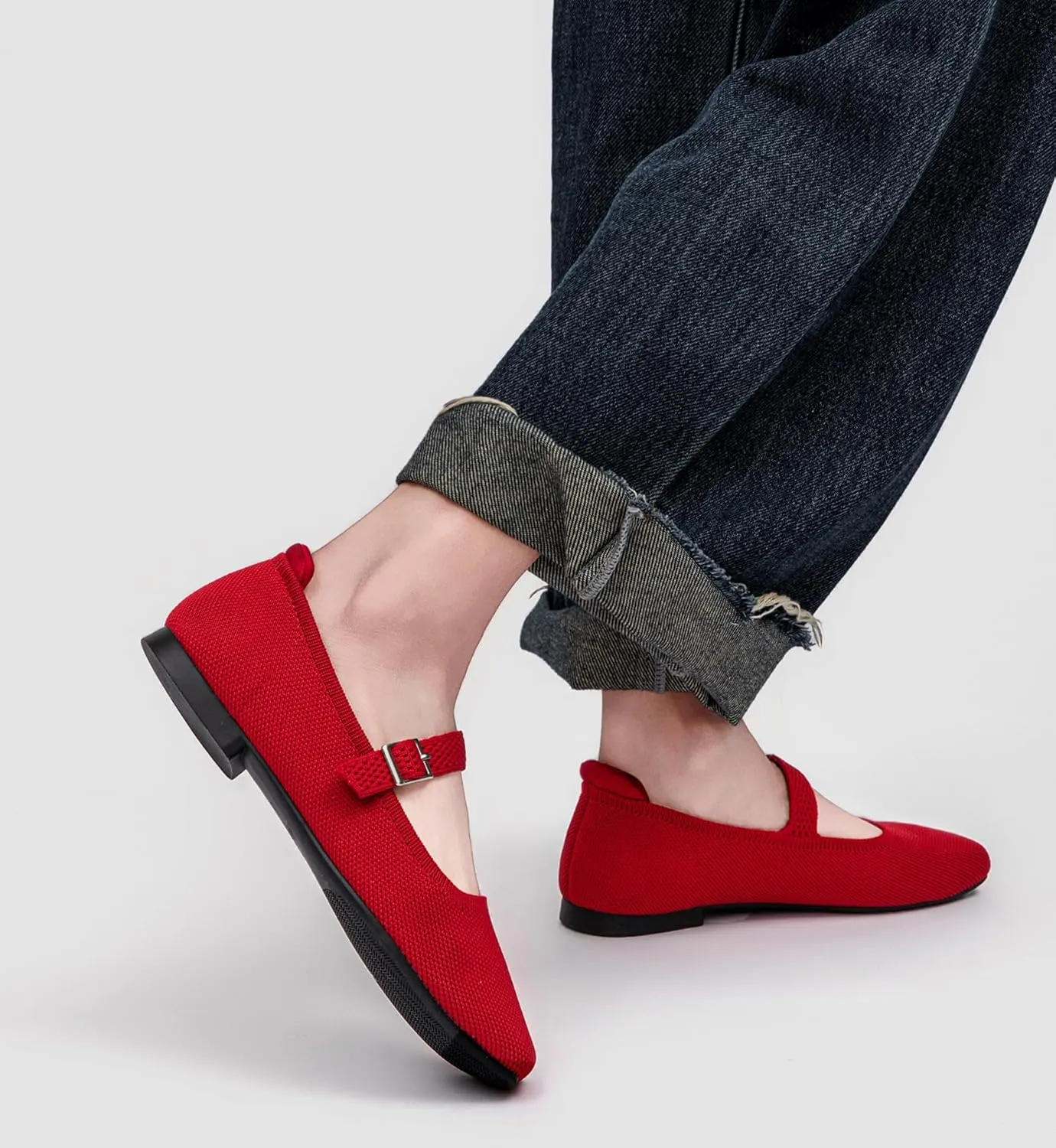 Ballet Flats for Women, Square Toe Mary Jane Shoes Comfortable Dressy Flats Adjustable Straps Washable Knit Casual Office Shoes with Arch Support Latex Insole