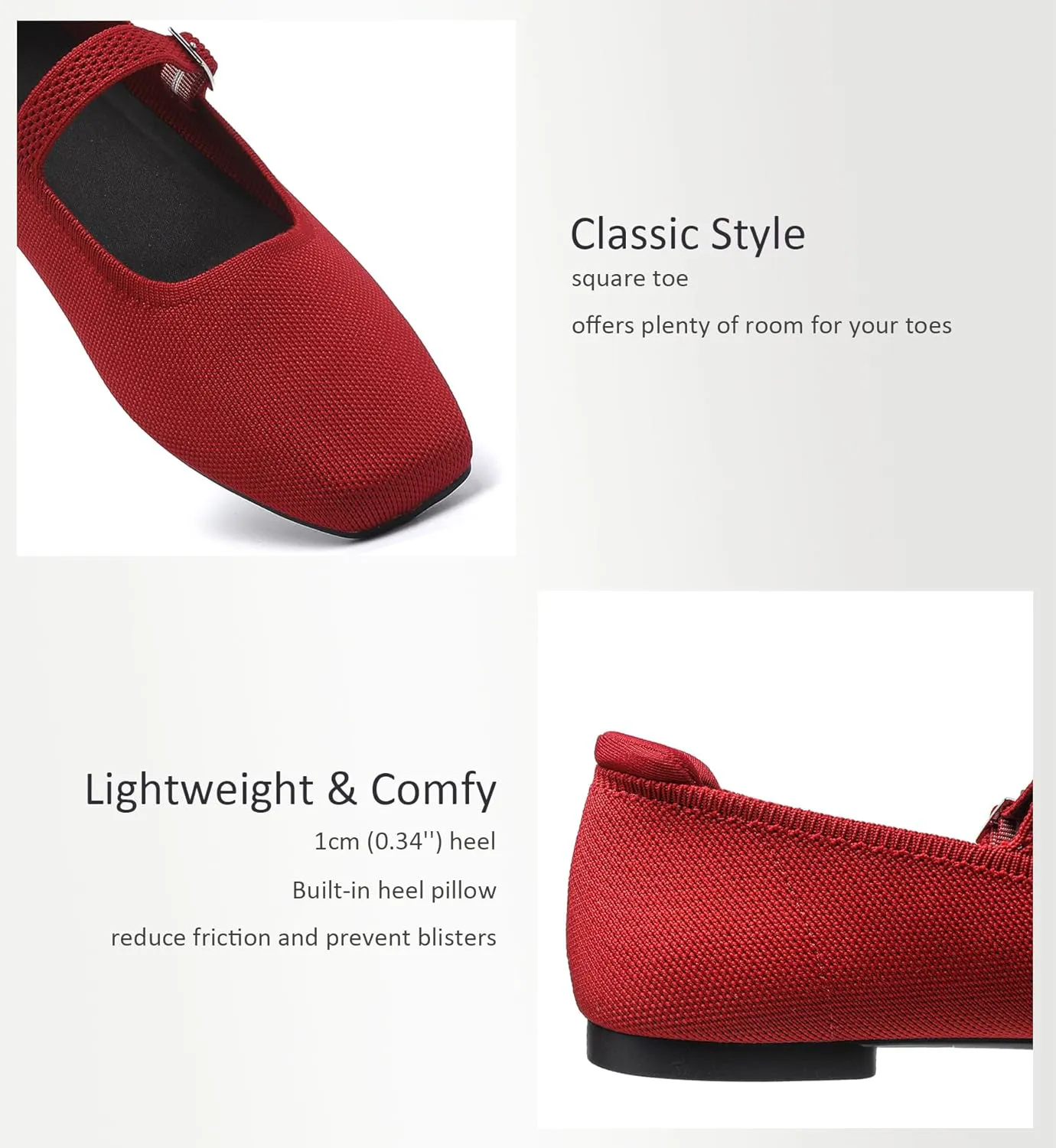 Ballet Flats for Women, Square Toe Mary Jane Shoes Comfortable Dressy Flats Adjustable Straps Washable Knit Casual Office Shoes with Arch Support Latex Insole