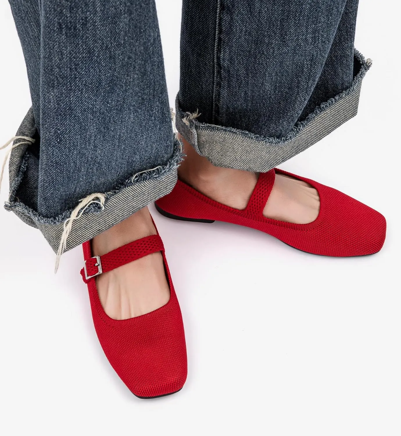 Ballet Flats for Women, Square Toe Mary Jane Shoes Comfortable Dressy Flats Adjustable Straps Washable Knit Casual Office Shoes with Arch Support Latex Insole