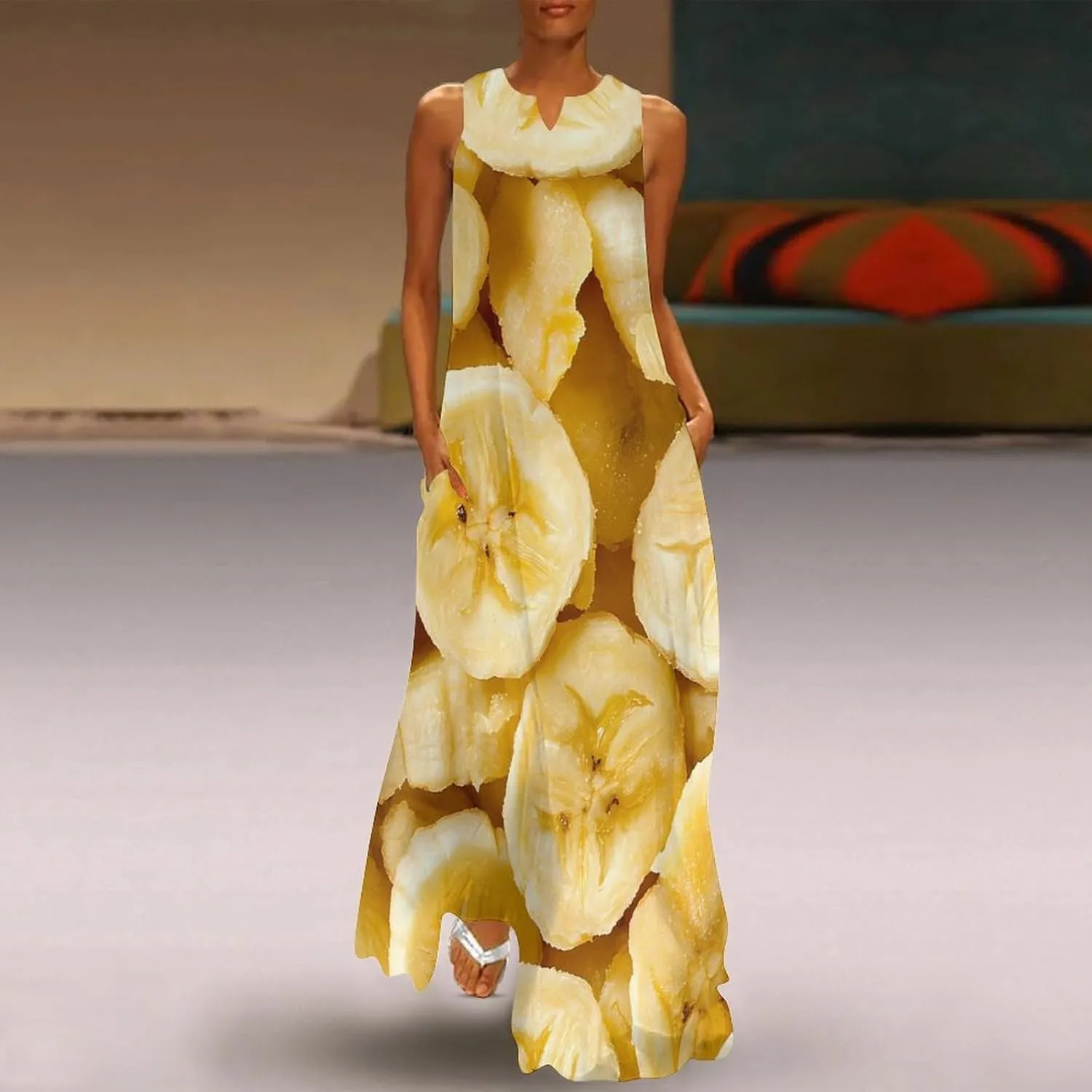 Banana Chips Women's Casual Dresses Formal Sleeveless Maxi Dress Summer Beach Long Sundress with Pockets