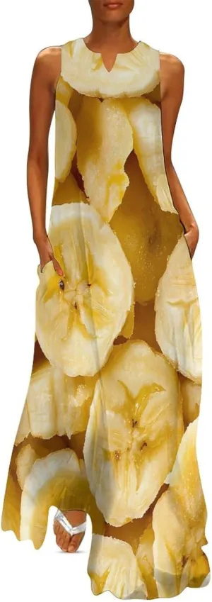 Banana Chips Women's Casual Dresses Formal Sleeveless Maxi Dress Summer Beach Long Sundress with Pockets