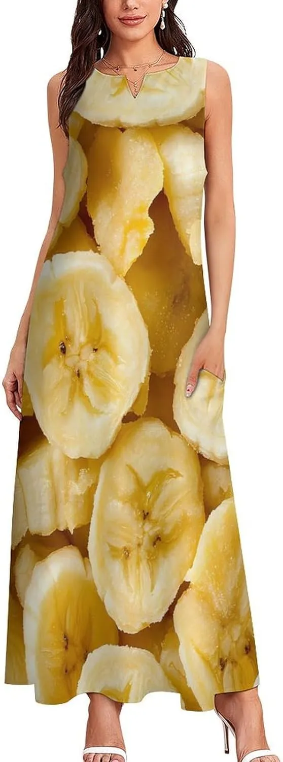 Banana Chips Women's Casual Dresses Formal Sleeveless Maxi Dress Summer Beach Long Sundress with Pockets