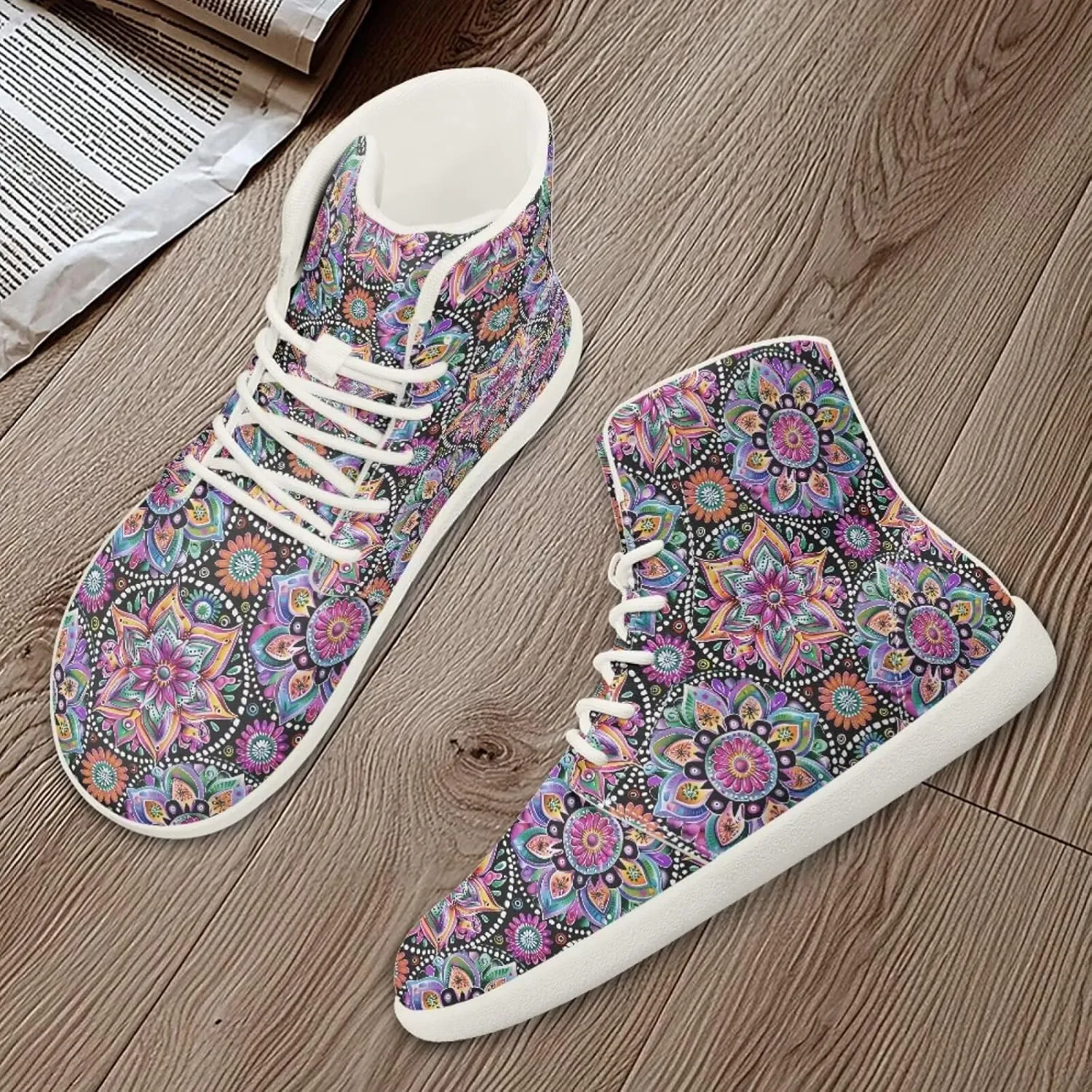 Barefoot Minimalist Shoes Mandala Style Women Wide Width Fashion Sneaker Non-Slip Sneakers Lightweight PU Leather