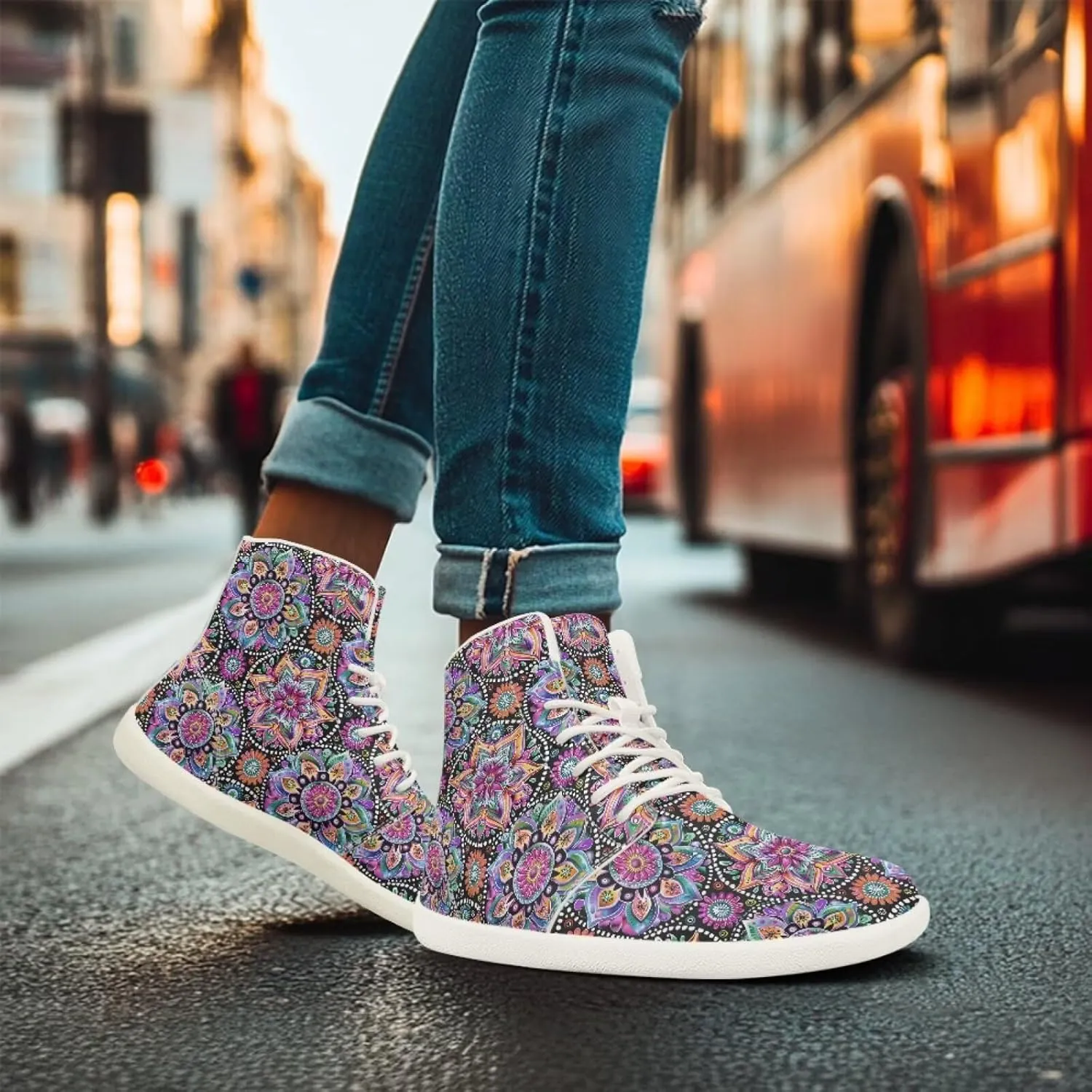 Barefoot Minimalist Shoes Mandala Style Women Wide Width Fashion Sneaker Non-Slip Sneakers Lightweight PU Leather