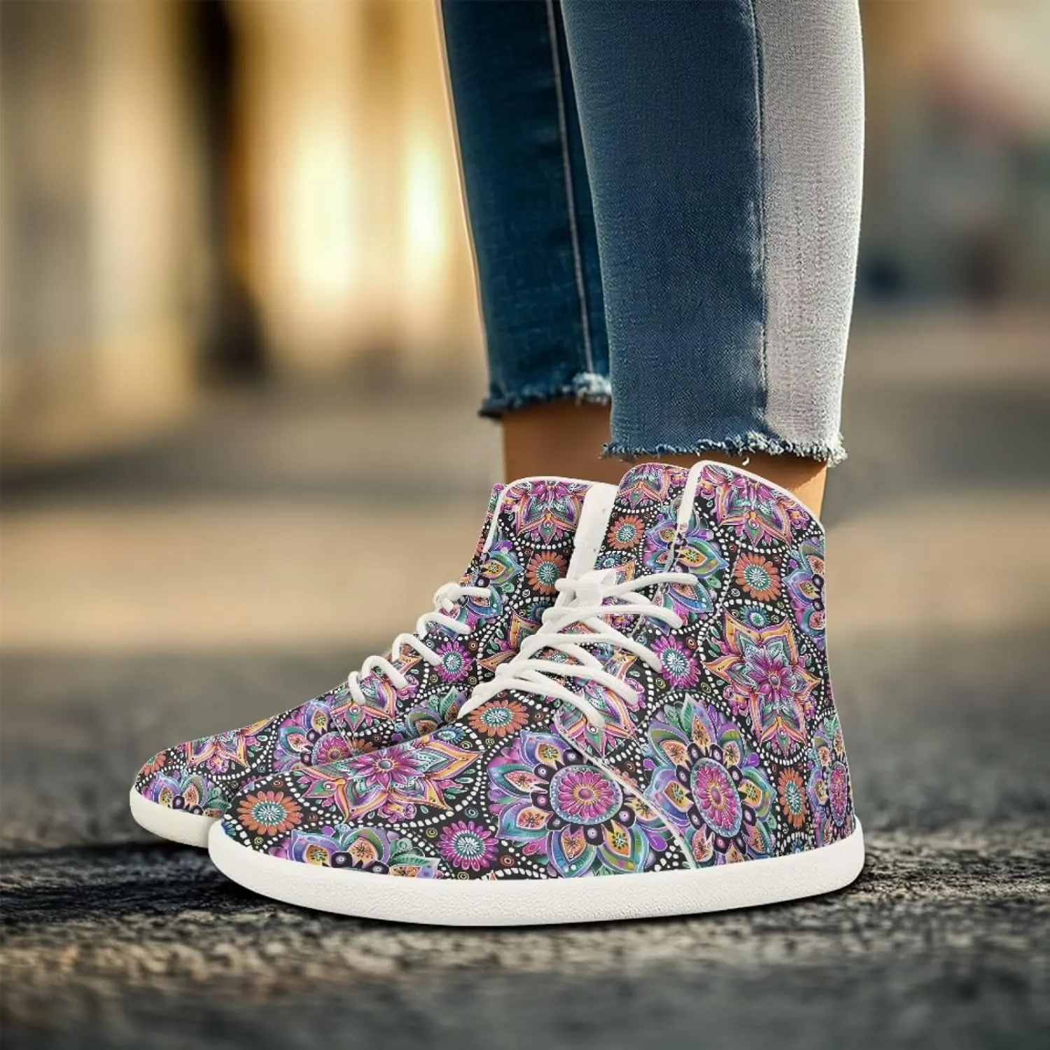 Barefoot Minimalist Shoes Mandala Style Women Wide Width Fashion Sneaker Non-Slip Sneakers Lightweight PU Leather