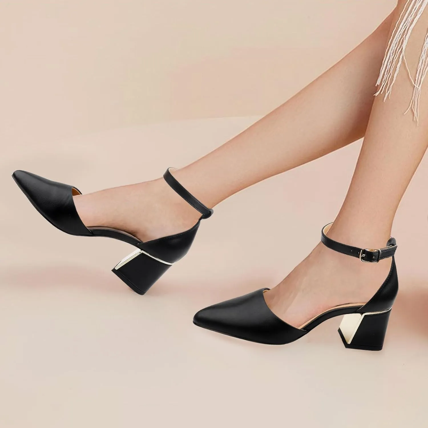 BCTEX COLL Womens Pointed Toe Pumps Shoes Ankle Strap Chunky Low Heels Metal Lined Sandals Designed for Women