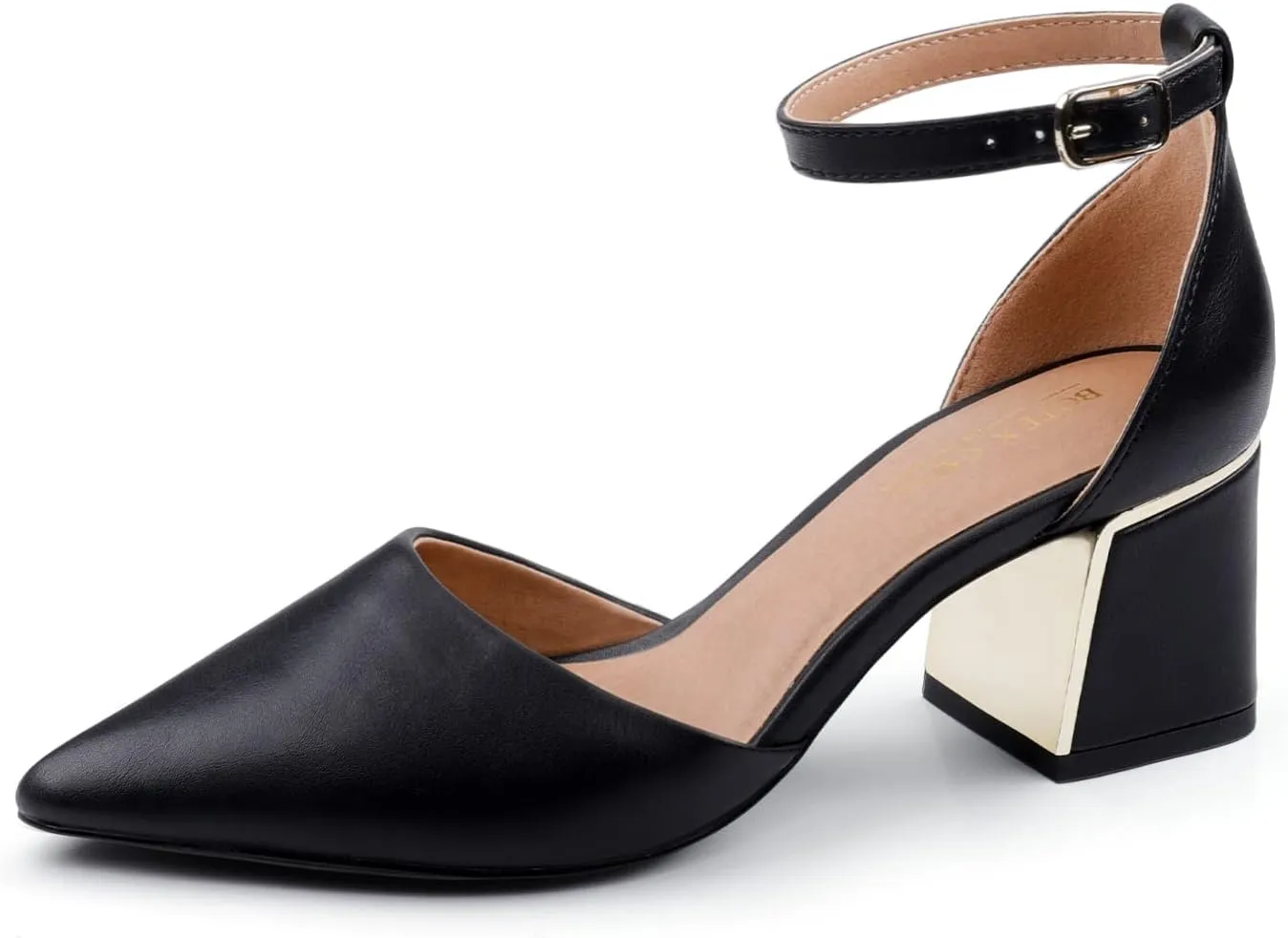 BCTEX COLL Womens Pointed Toe Pumps Shoes Ankle Strap Chunky Low Heels Metal Lined Sandals Designed for Women