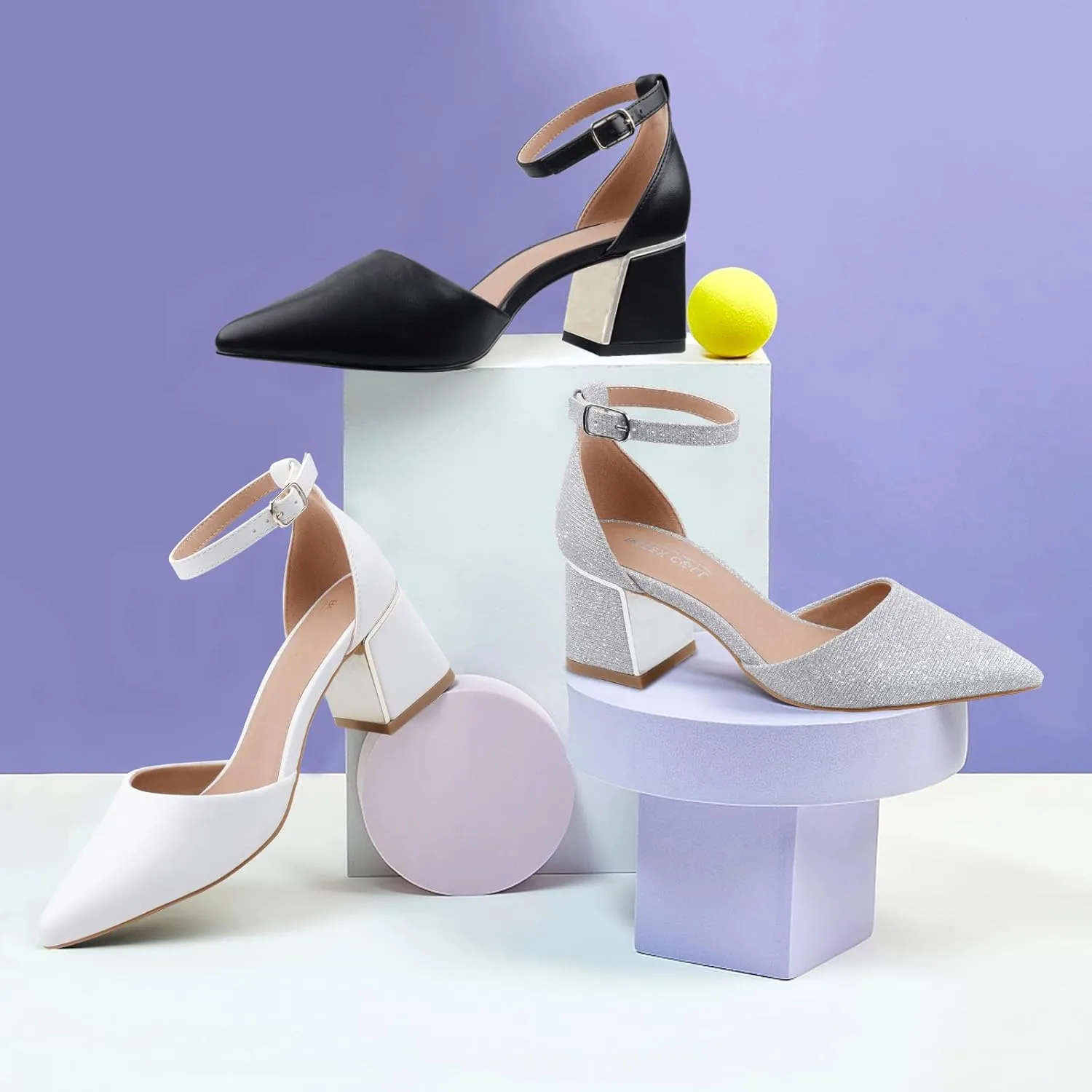 BCTEX COLL Womens Pointed Toe Pumps Shoes Ankle Strap Chunky Low Heels Metal Lined Sandals Designed for Women