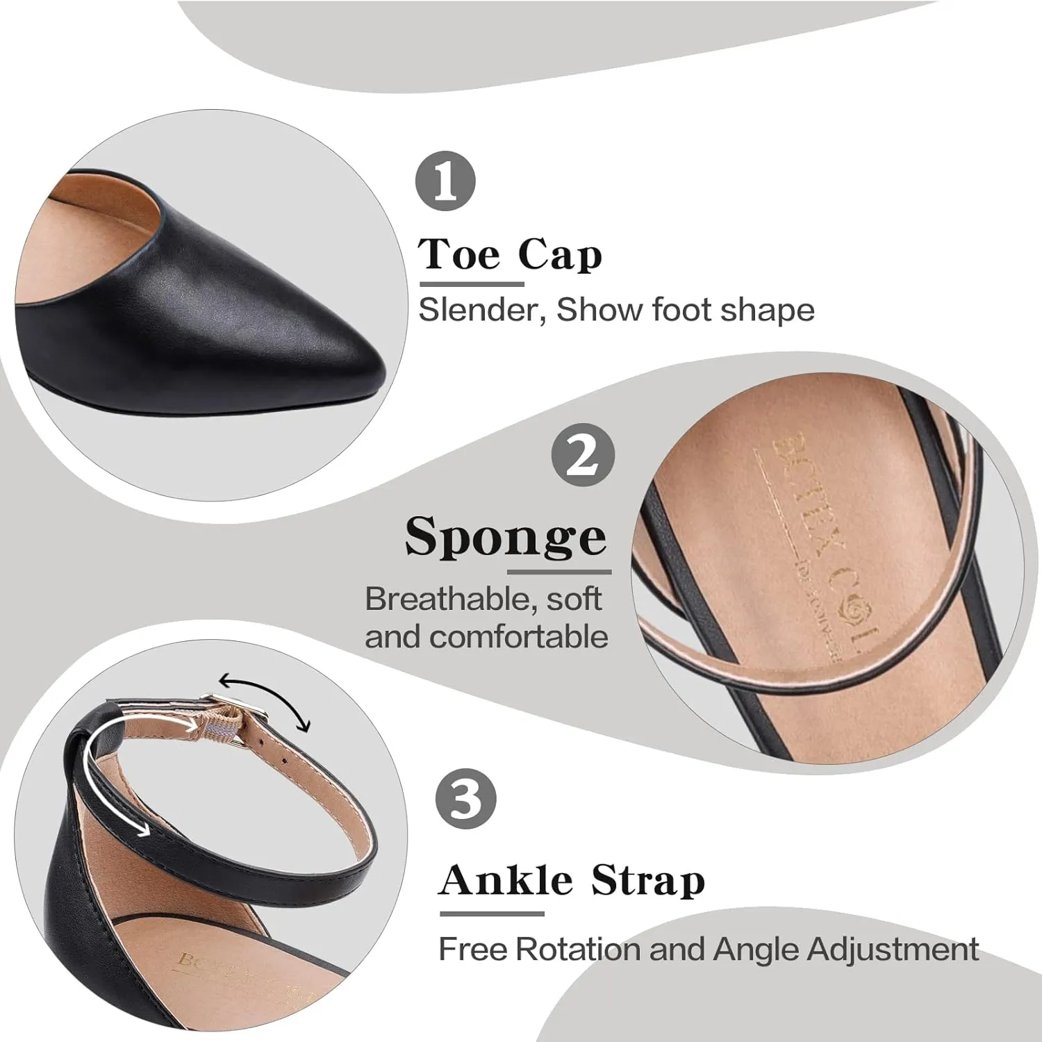 BCTEX COLL Womens Pointed Toe Pumps Shoes Ankle Strap Chunky Low Heels Metal Lined Sandals Designed for Women