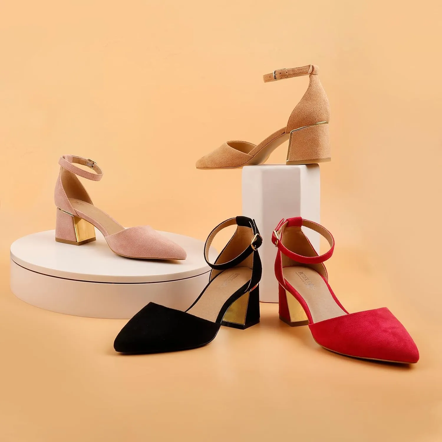 BCTEX COLL Womens Pointed Toe Pumps Shoes Ankle Strap Chunky Low Heels Metal Lined Sandals Designed for Women