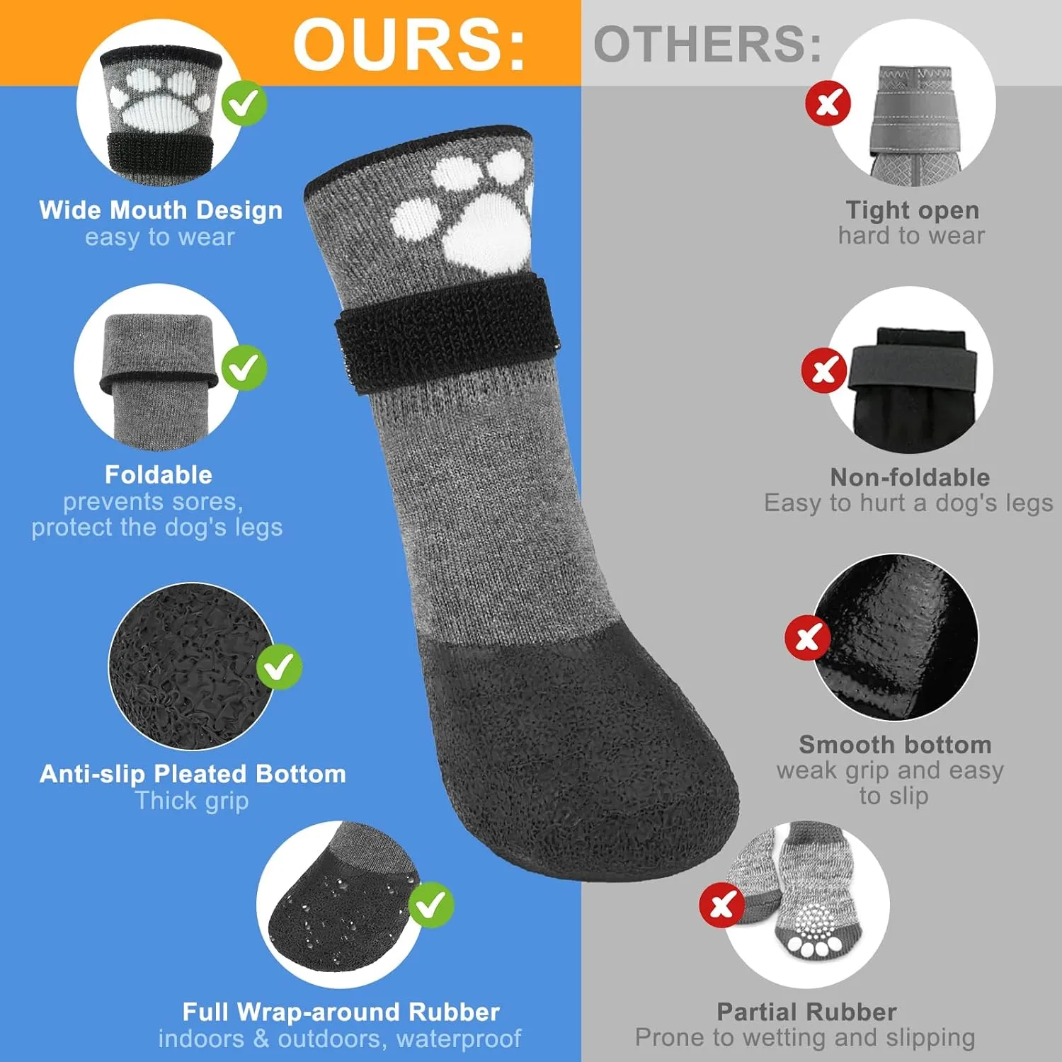 BEAUTYZOO Anti Slip Dog Boots & Paw Protectors for Hot Pavement to Prevent Licking,Waterproof Dog Shoes for Small Medium Large Senior Dogs,6 PCS Grip Socks Rain Booties for Dogs Paws Outdoor Walking