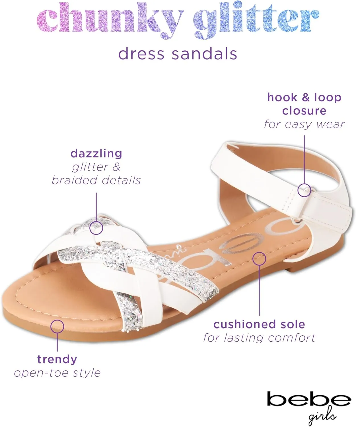 bebe Girls Sandals - Big girl and Toddler Girl Sandals with Durable Leather and Glitter Straps, Summer Dress Shoes for Girls