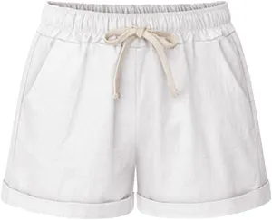 Bermuda Shorts for Women Cotton Linen Comfy Plus Size Elastic Waist Knee Length Travel Shorts for Summer Walking Beach