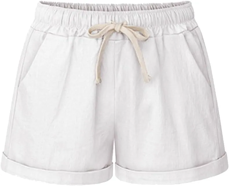 Bermuda Shorts for Women Cotton Linen Comfy Plus Size Elastic Waist Knee Length Travel Shorts for Summer Walking Beach