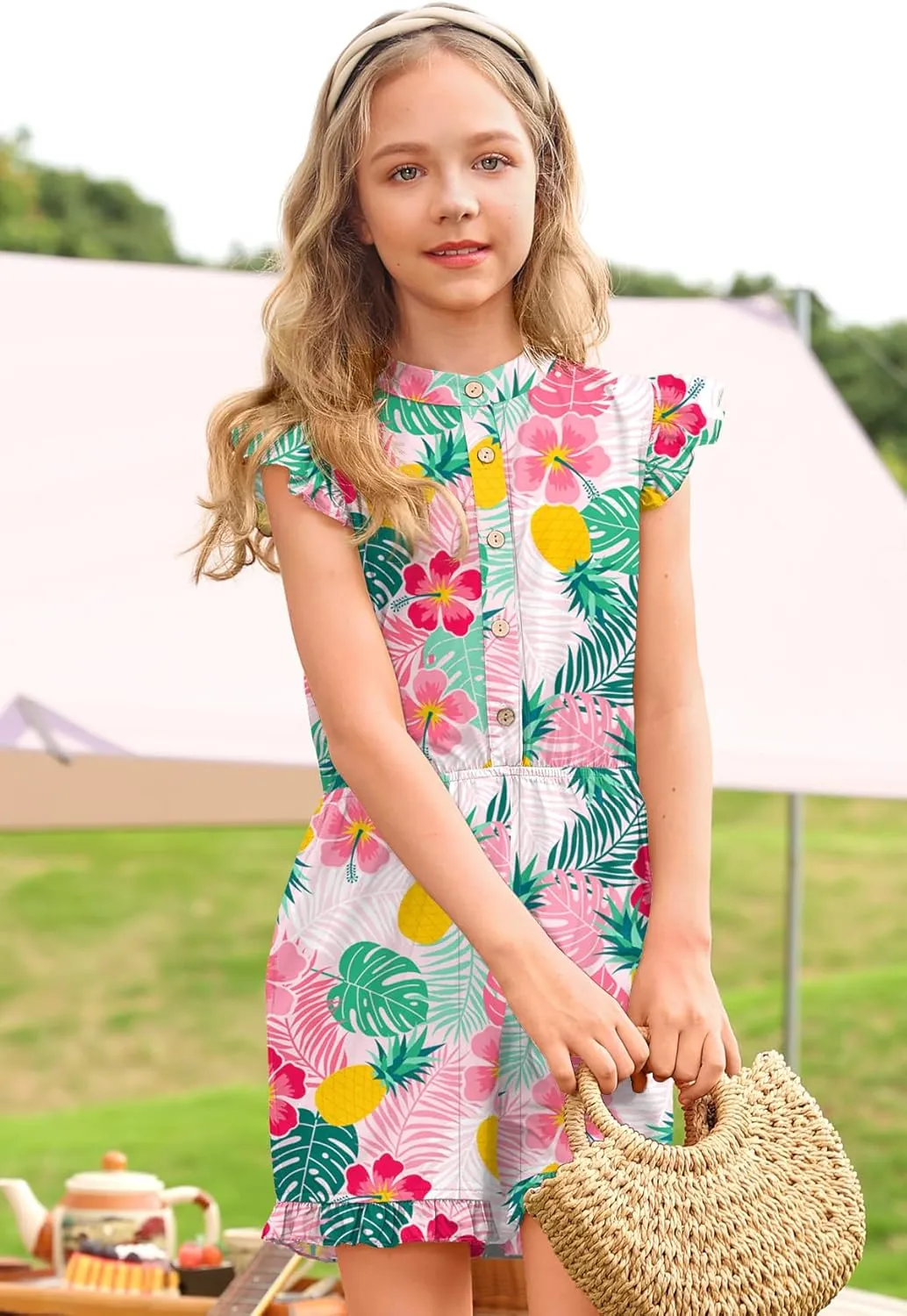 BesserBay Girl's Summer Ruffled Flutter-Sleeve Jumpsuit Button Down Crewneck Romper 5-14 Years